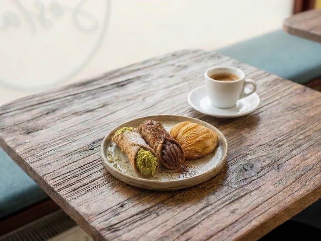 Cannoli, een sfogliatella en een espresso