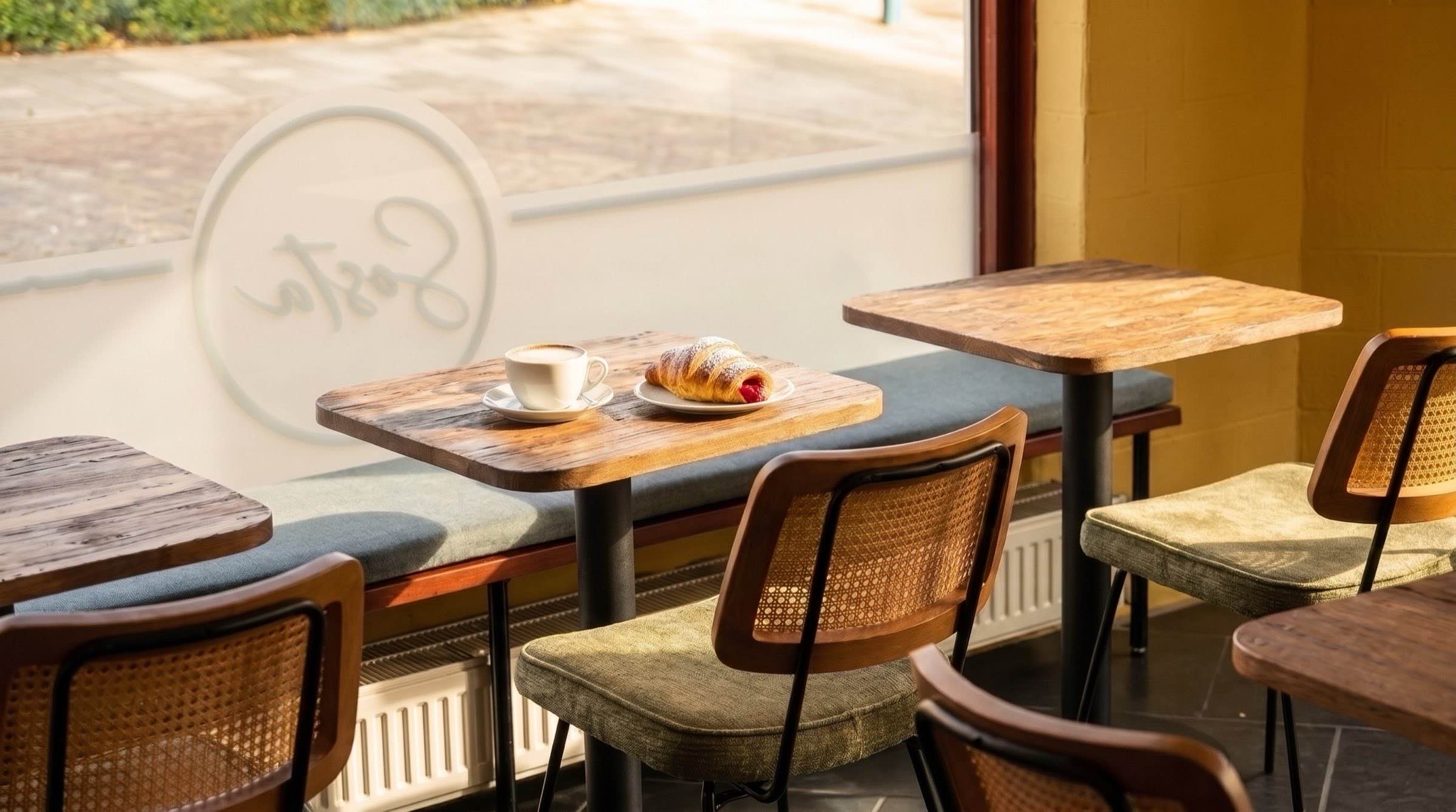 Een cappuccino en een cornetto op een raamtafel bij Sosta, met het Sosta-logo op het raam