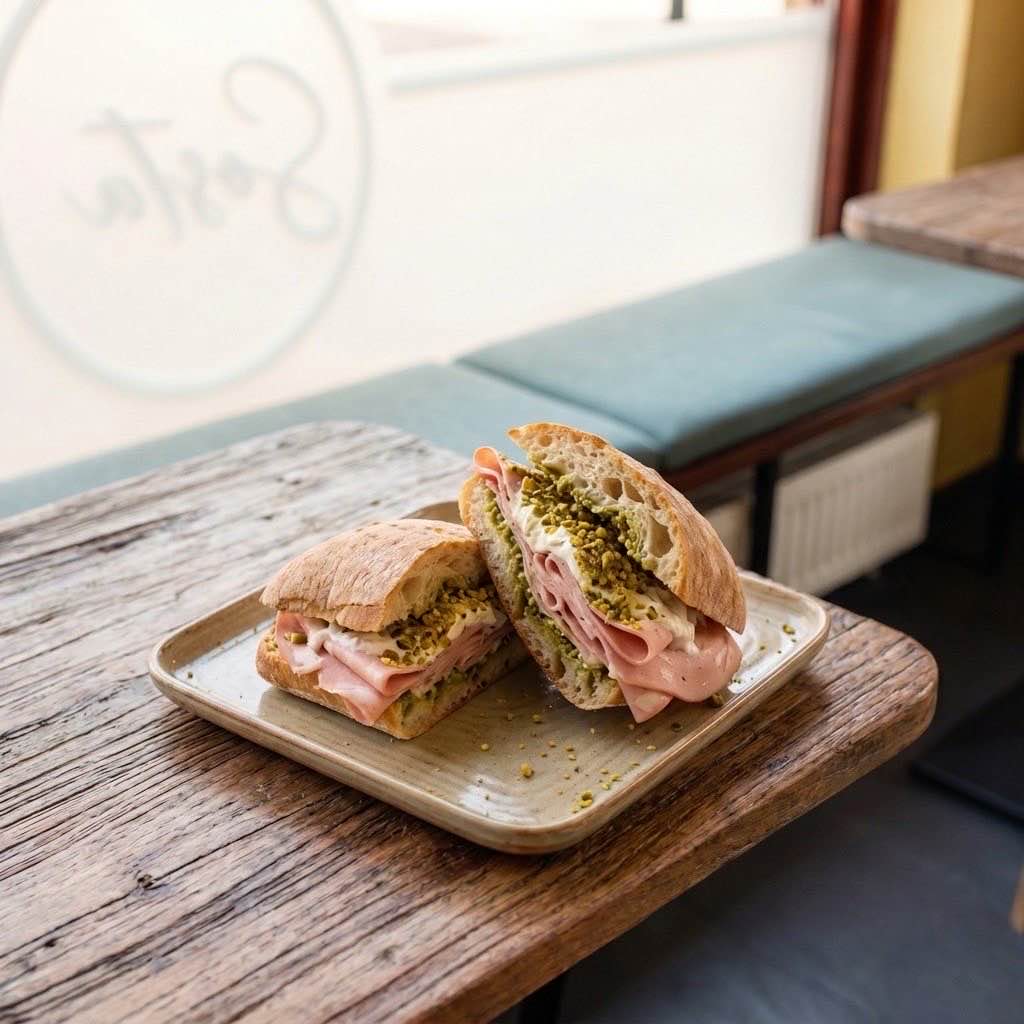 Een panino met mortadella, stracciatella en pistache