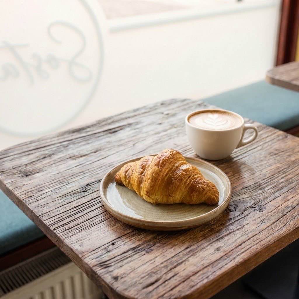 Een cornetto en een cappuccino op een raamtafel bij Sosta