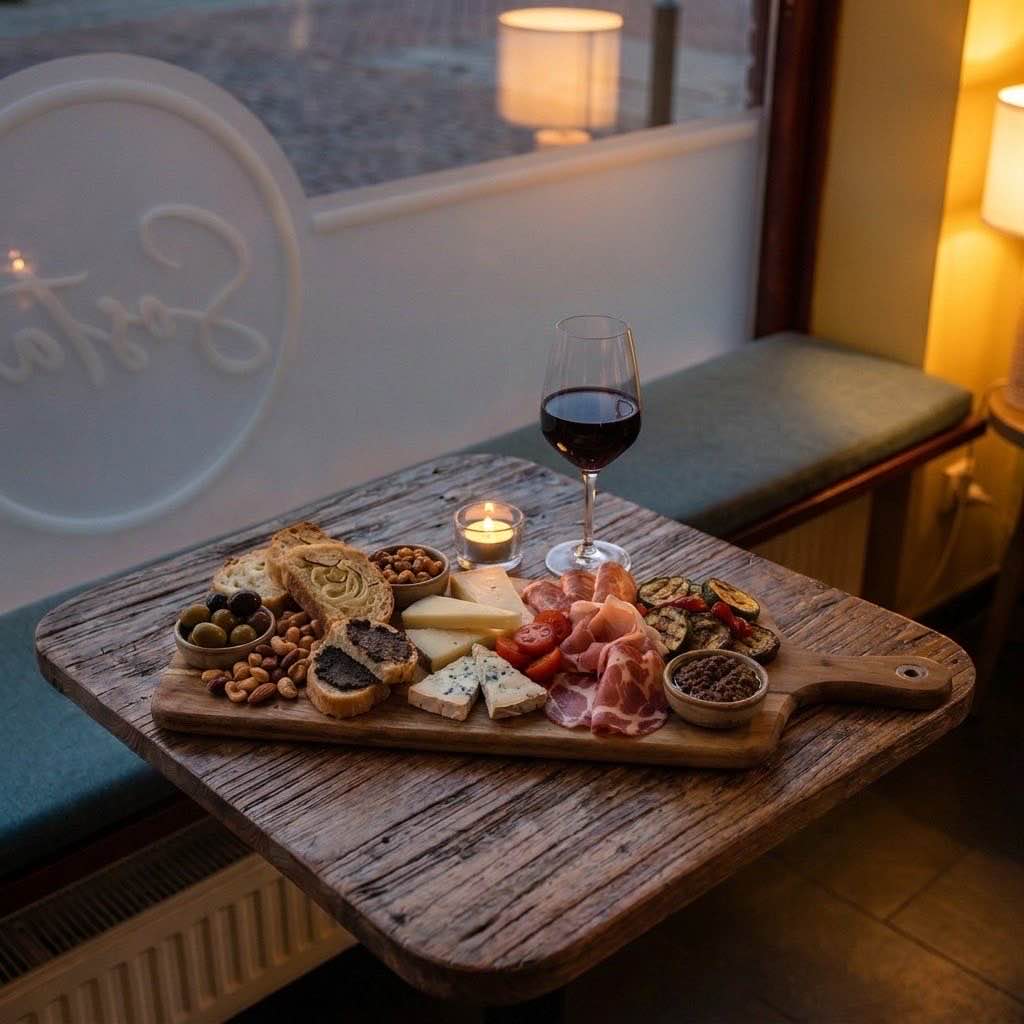 Een tagliere met Italiaanse kazen, vleeswaren en een glas rode wijn in de avond
